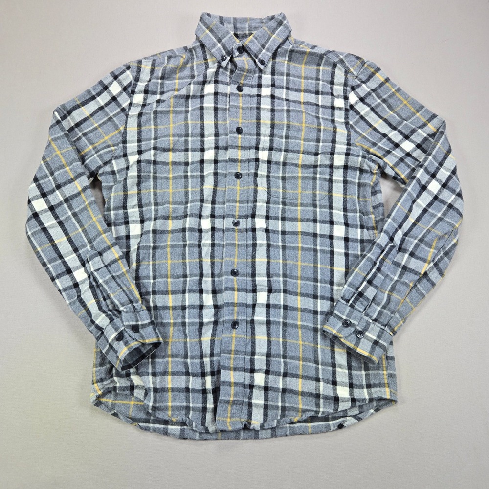LL Bean Flannel Shirt Slightly Fitted Plaid Gray Yellow Mens Small Regular